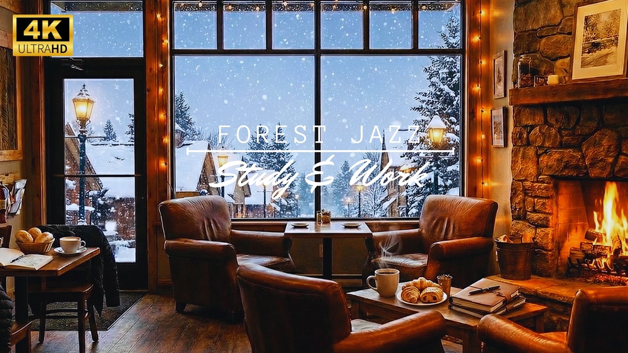 Relaxing Jazz Piano for Study & Work ☕ Cozy Winter Coffee Shop Ambience   Warm Fireplace & Snow 🔥