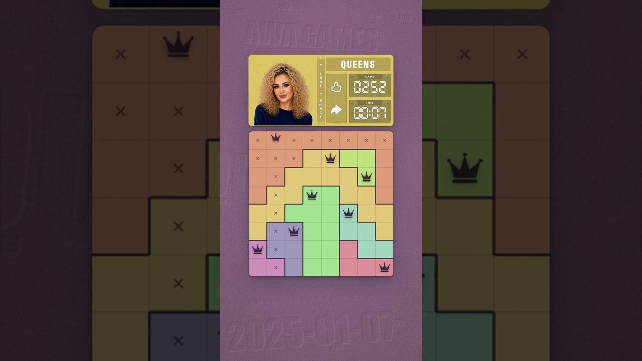 LinkedIn Queens #252 solved board for January 7, 2025, 8x8 grid