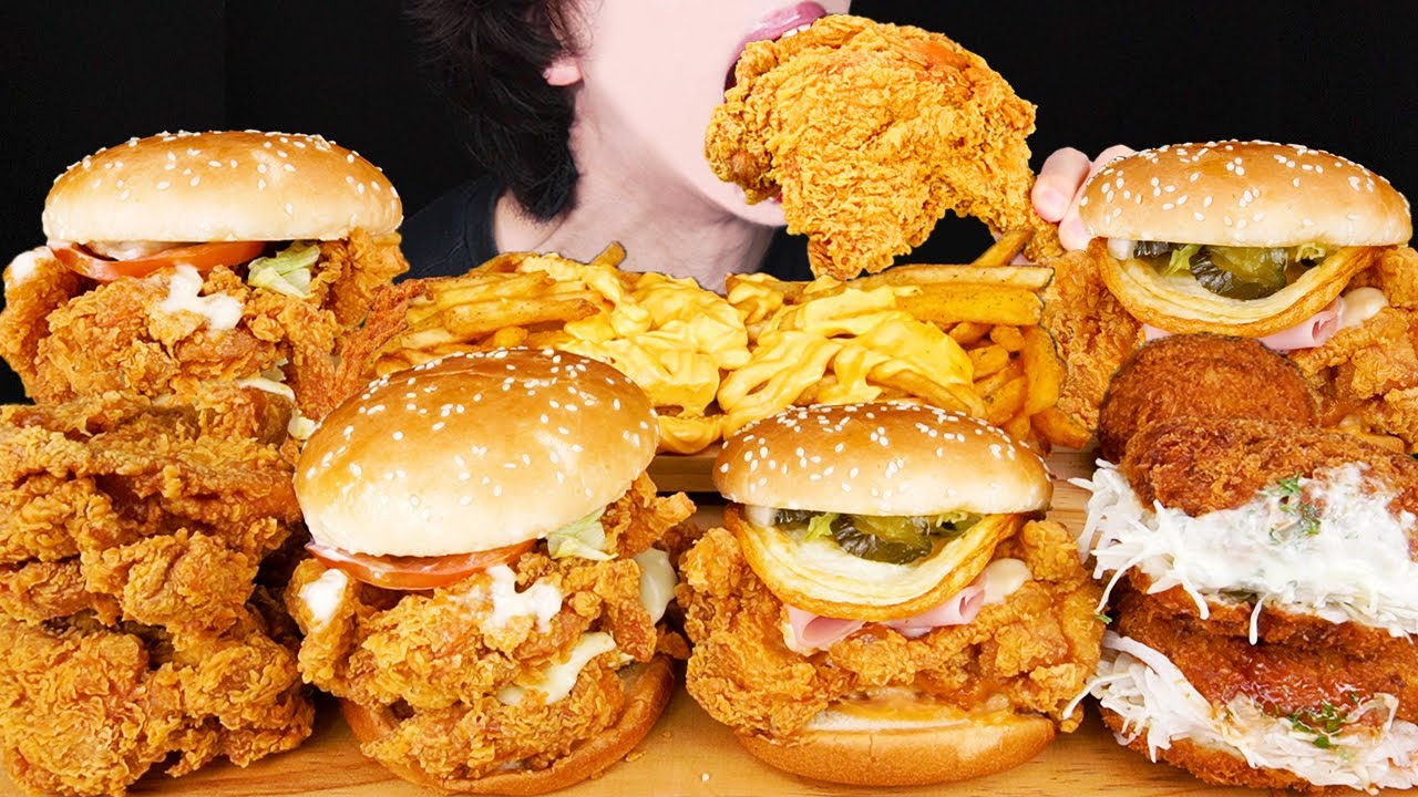 ASMR BURGERS FRIED CHICKEN CHEESY FRIES CHEESE BALLS MUKBANG 먹방 チキンハンバーガー チーズ 咀嚼音 ayam EATING SOUNDS
