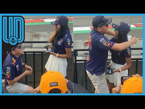 Pareja se compromete en las gradas del Autódromo Hermanos Rodríguez en el GP de México