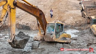 Zoomlion Excavator Clearing Mud And Long Arm Exca Cutting Slope, Dozer Pushing Stones Working Canals