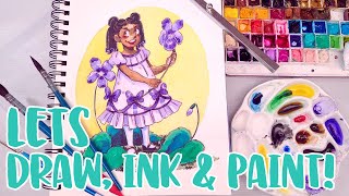 Draw, Ink, & Paint With Me! Sweet Violet Girl Watercolor Illustration