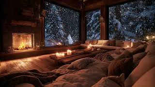 Spacious Winter Cabin at Night | Gentle Piano Instrumental with Fireplace and Falling Snow
