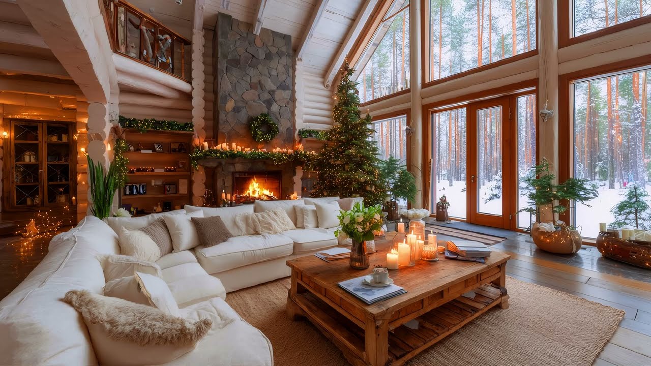 Hearth Glow Christmas In A Living Room | Fireplace Ambience And Snow Forest Calm For Gentle Sleep