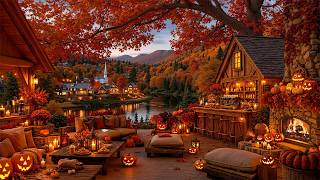 Escape into Mellow Jazz at a Cozy Autumn Lodge 🎃 Warm Fireplace, Pumpkin Glow & Riverside Village ☕