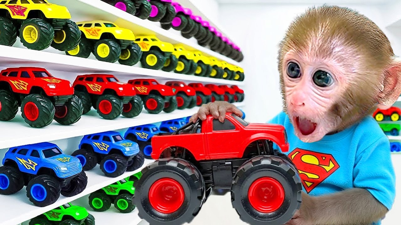 Monyet Bon Bon Imut membeli monster truck dan membuat trek balap Hot Wheels