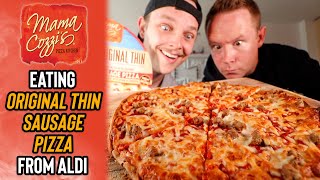Eating Mama Cozzi&#39;s $3.49 Thin-Crust Sausage Pizza | *BETTER THAN JACK&#39;S PIZZA?!