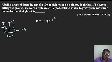 A ball is dropped from the top of a 100 m high tower on a planet  In the last 1/2 s before.
