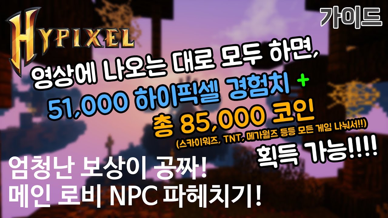 51,000하이픽셀 경험치+85,000코인 이상이 공짜!! 메인 로비에 있는 모든 NPC 완전정복! [하이픽셀 가이드]