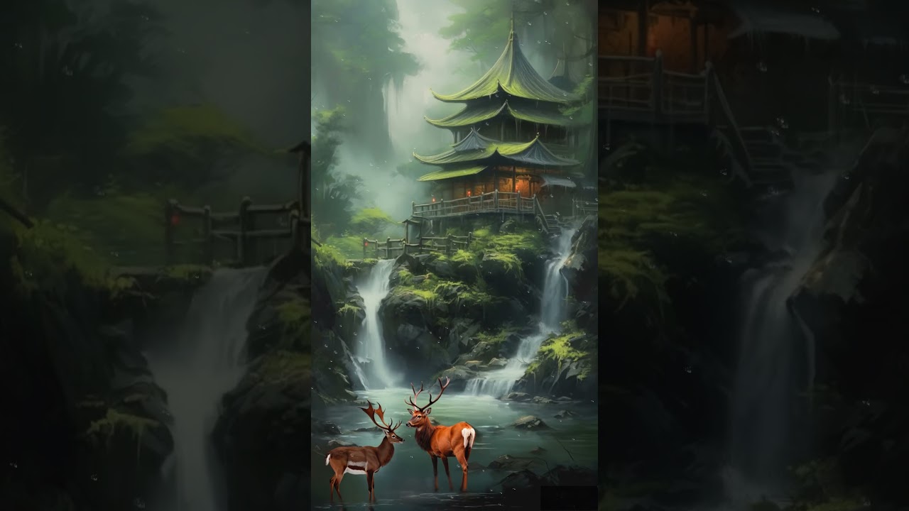 🦌 Fantasy Calm | Two Deer at River Hut