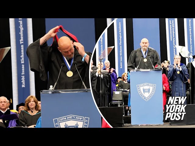 Sen. John Fetterman dramatically whips off Harvard hood at Yeshiva University commencement class=