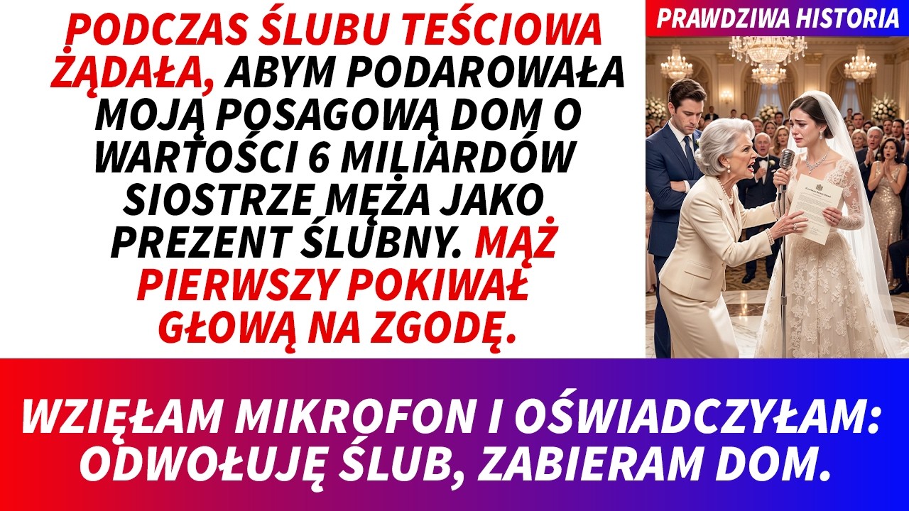 Na moim weselu teściowa wyrwała mikrofon i oznajmiła całej sali, że mam przepisać moje mieszkanie warte milion złotych jej córce jako prezent ślubny. Spojrzałam na Marka, który miał zostać moim...