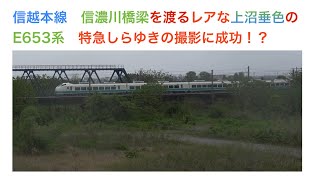 信越本線　信濃川橋梁を渡るE653系特急しらゆき　レアな上沼垂色