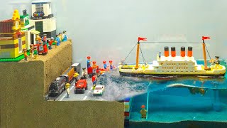 Lego Dam Breach and Titanic Lego Ship Sinks near Lego City - Diorama