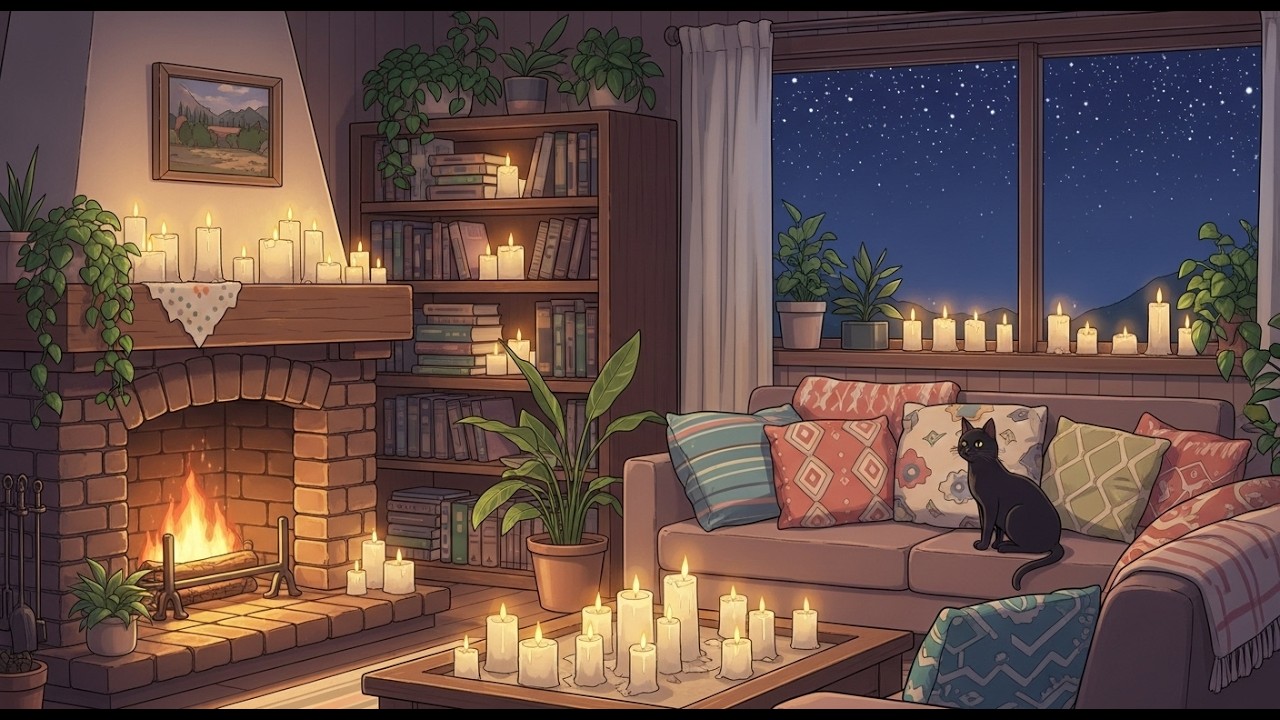 Rain Sounds, Warm Fireplace & Sleepy Cat 🔥 Calm Lofi Music for Reading and Night Relax