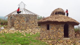 Unique stone house designed and built by ONE WOMAN /Roofing with palm leaves for the stone cabin