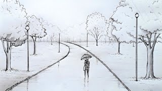 Como desenhar uma paisagem de chuva com caminho Árvores e casal com guarda-chuva