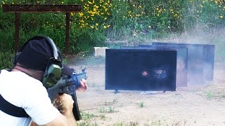 How Many 4K TVs Can a Full Auto MP5 Machine Gun Shoot Through? Bonus: M79 Grenade Launcher Test