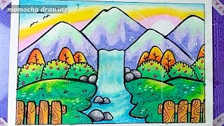 Pemandangan Air terjun pegunungan - cara menggambar dan mewarnai gradasi oil pastel untuk pemula