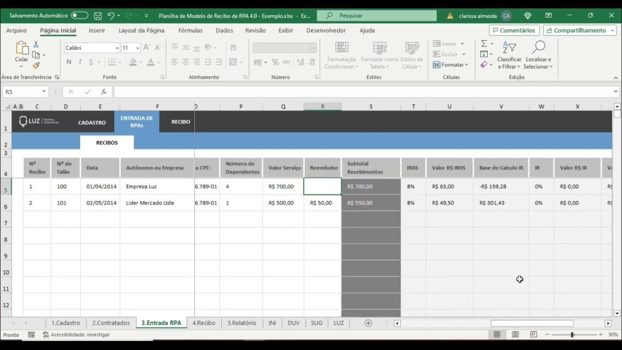 Planilha de Modelo de Recibo de RPA 4.0