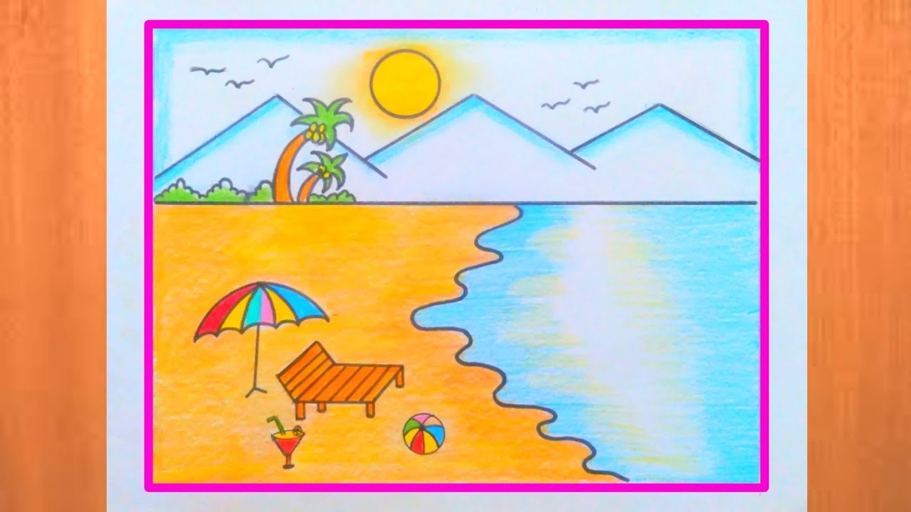 Summer Season Drawing Easy / How to Draw Sea Beach Scenery Easy Step By ...