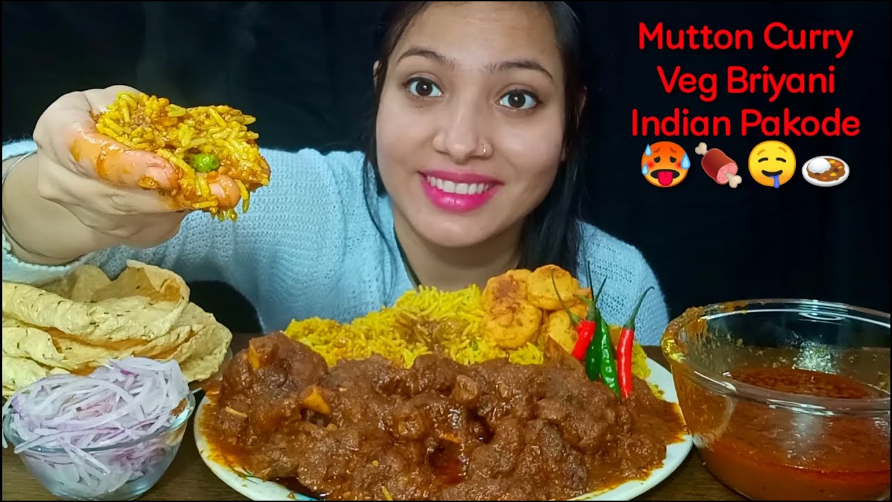 Eating bhuna Masala mutton Curry, Veg Briyani, Pakode | Indian Food Feast Mukbang | Foodie JD
