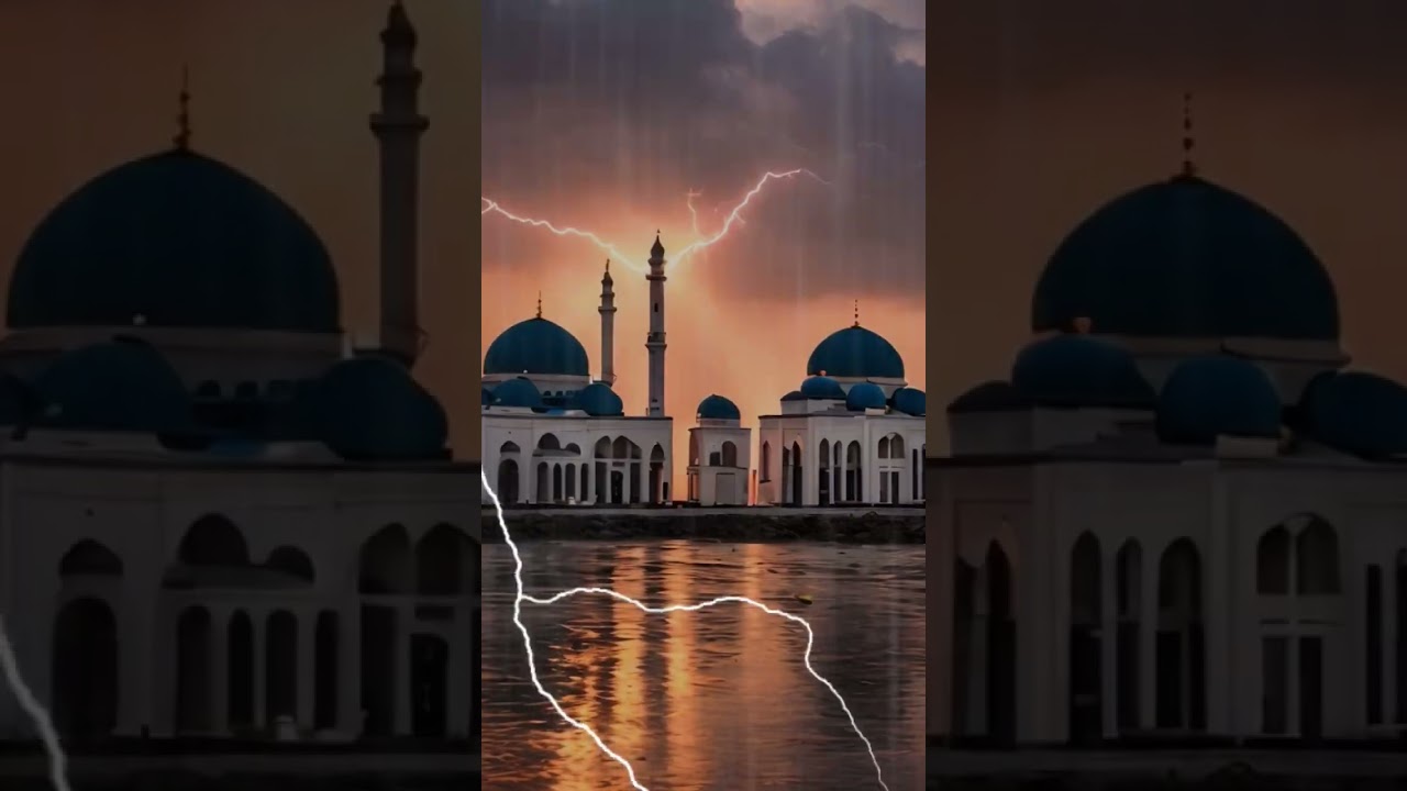Contemplative Sunset: Mystical Beauty of a Seaside Mosque Amidst the Rainfall