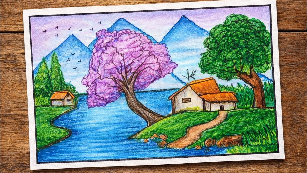 how to draw a scenery of lakeside view with cottage | scenery easy drawing | lake scenery 