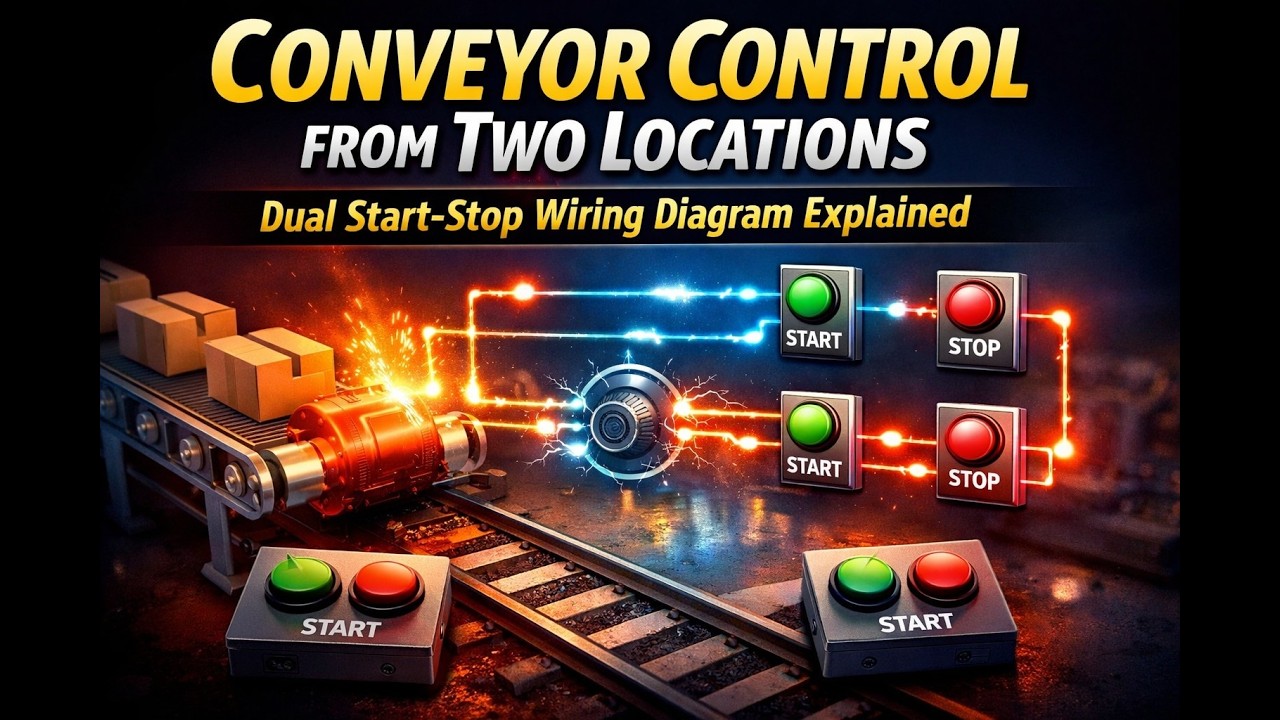 Управление конвейером из двух точек | Схема электропроводки с двойным запуском и остановкой | Осн...