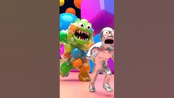Whimsical 3D Animation: Colorful Gummy Monster Chases Silver Figure Through Vibrant Abstract World