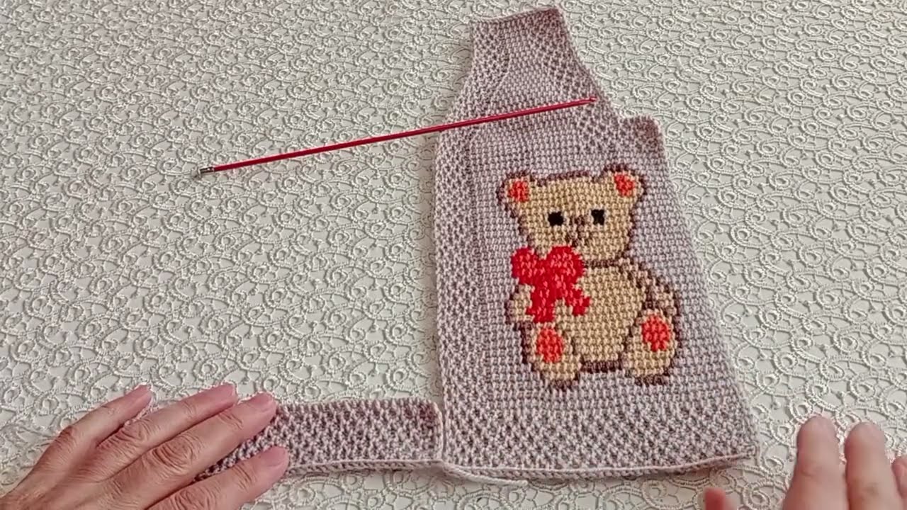 kolay tunus işi bebek yeleği ayıcıklı PART 3 easy tunisian baby vest with teddy bear PART 3