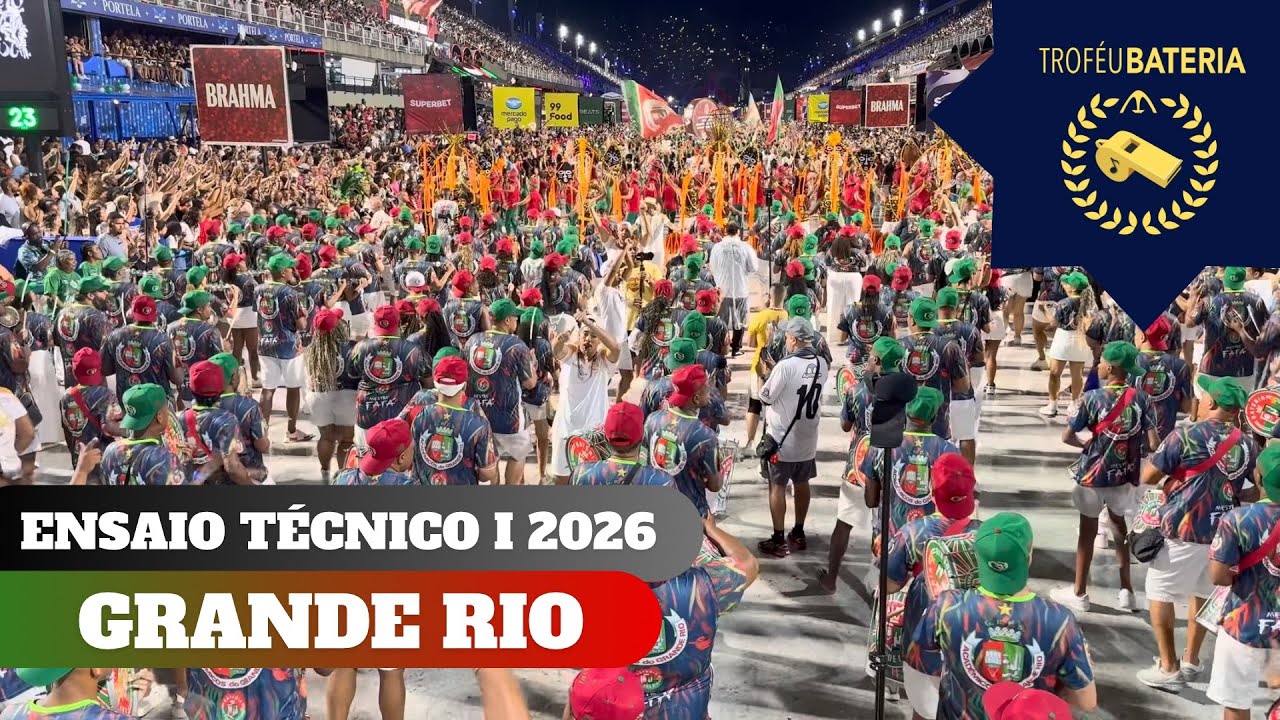 Bateria da Grande Rio no ensaio técnico para o carnaval 2026