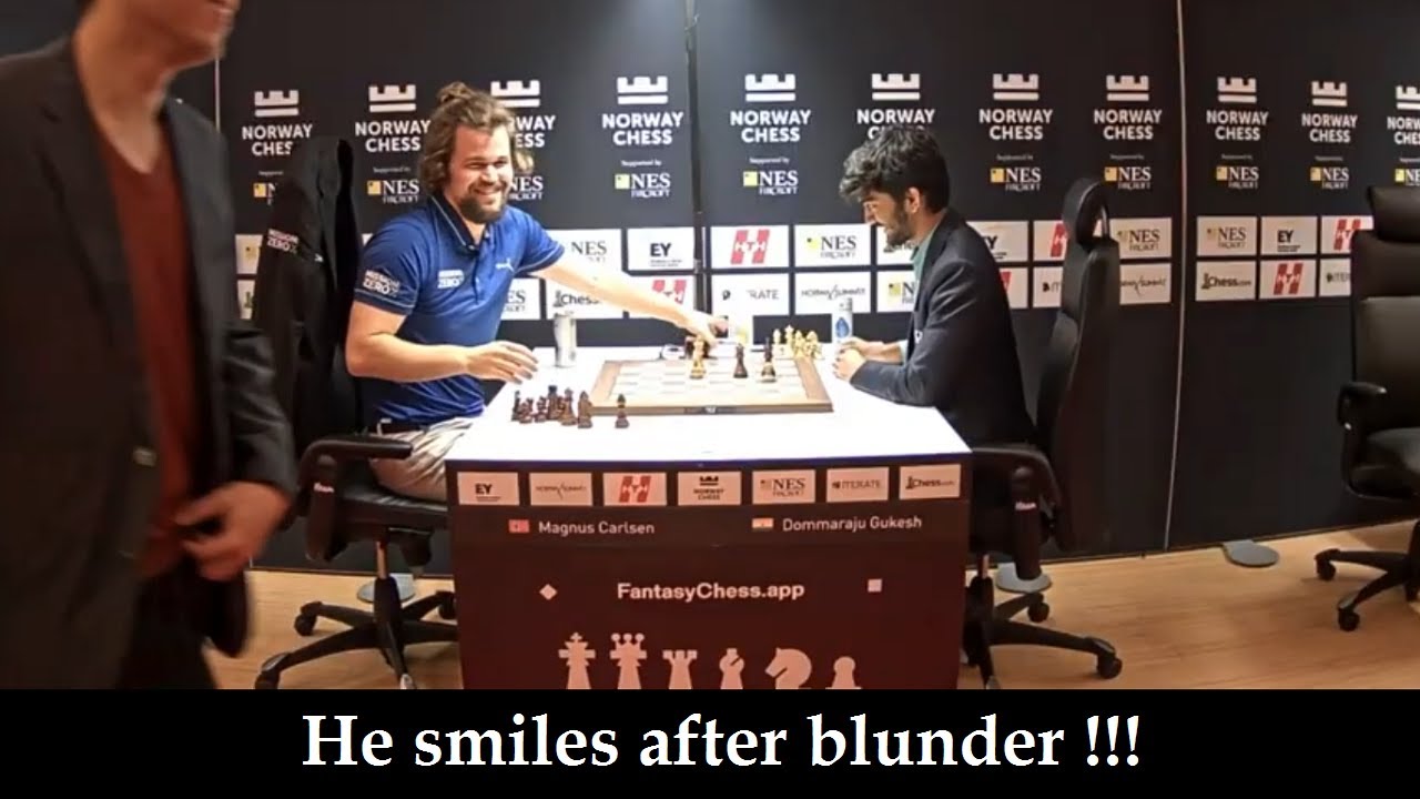 Magnus smiles after blunder Magnus Carlsen vs Dommaraju Gukesh