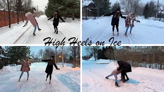 Two Girls wearing 6 pairs of High Heels on Slippery Ice, High Heels on Ice, Heels On Snow (# 1180)