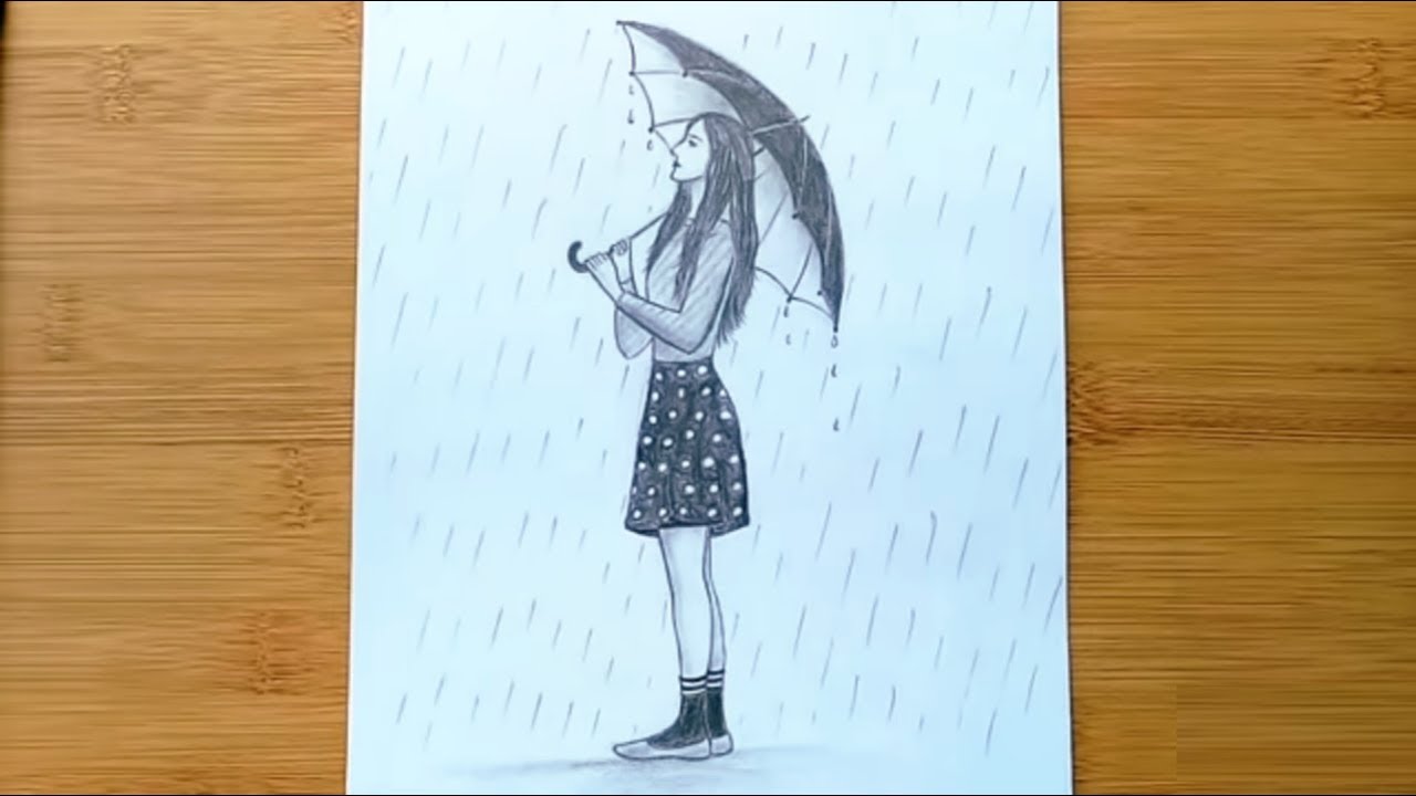 How to draw a girl with umbrella pencil sketch Very easy step by step ...