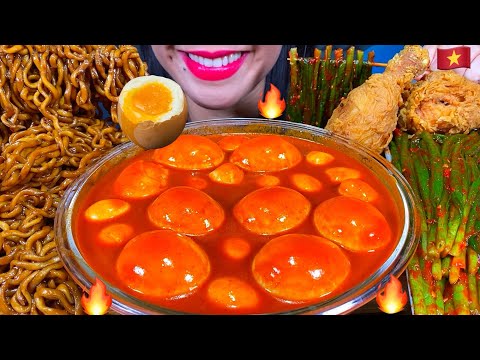 ASMR SPICY SOFT BOILED EGGS, ONION KIMCHI, FRIED CHICKEN, BLACK BEAN NOODLES MASSIVE Eating Sounds