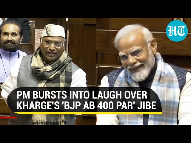 'Modi Ka Aashirwad': PM Laughs As Kharge Taunts BJP MPs In Rajya Sabha, Says 'Abki Baar 400 Par...' class=