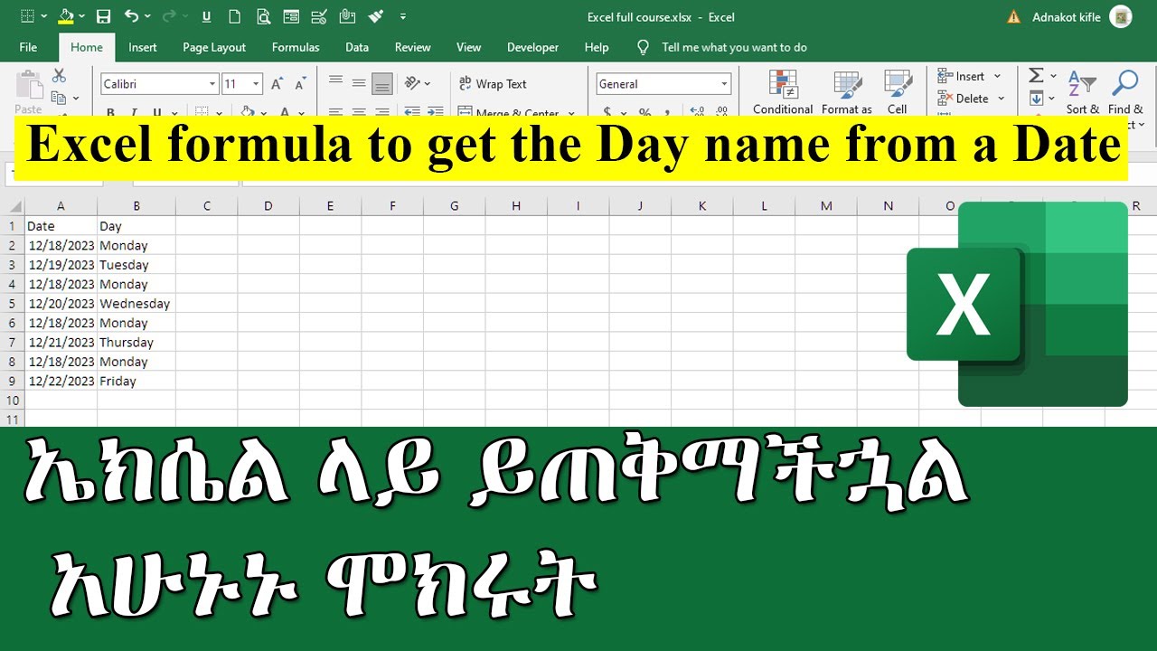 excel-formula-to-get-the-day-name-from-a-date-youtube