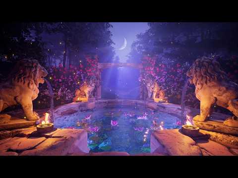 Guardian Lions of the Moonlit Pool: Flowing Water & Crickets | 8 Hours Deep Sleep (No Music)