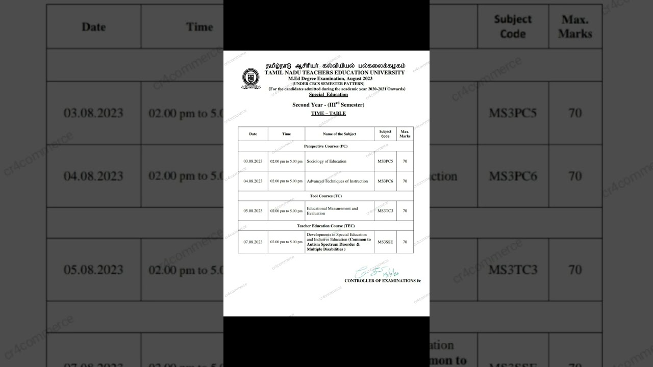 TNTEU 2023 M.Ed ( Special Education)  3rd Semester Exam Time Table