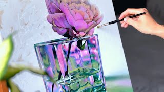 ASMR Oil Painting in real time. How I painted Flower in Glass vase with oil colours. Realistic Art
