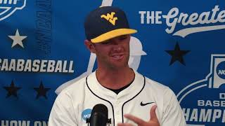 WVU Baseball HC Steve Sabins, Chansen Cole Armani Guzman and Ben Lumsden After NCAA Regional Win 
