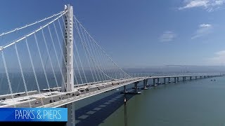 Drone footage of the old San FranciscoOakland Bay Bridge piers