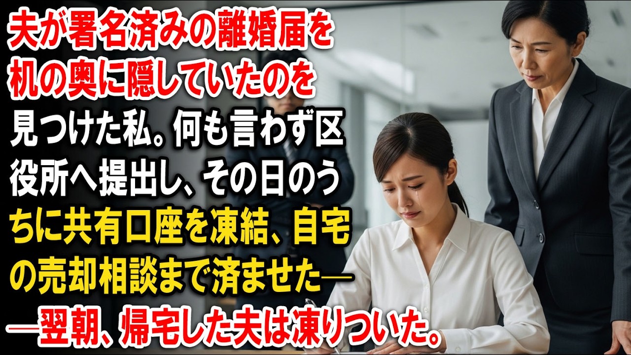 夫が署名済みの離婚届を机の奥に隠していたのを見つけた私。何も言わず区役所へ提出し、その日のうちに共有口座を凍結、自宅の売却相談まで済ませた——翌朝、帰宅した夫は凍りついた【静かな復讐】【家族の裏切り】