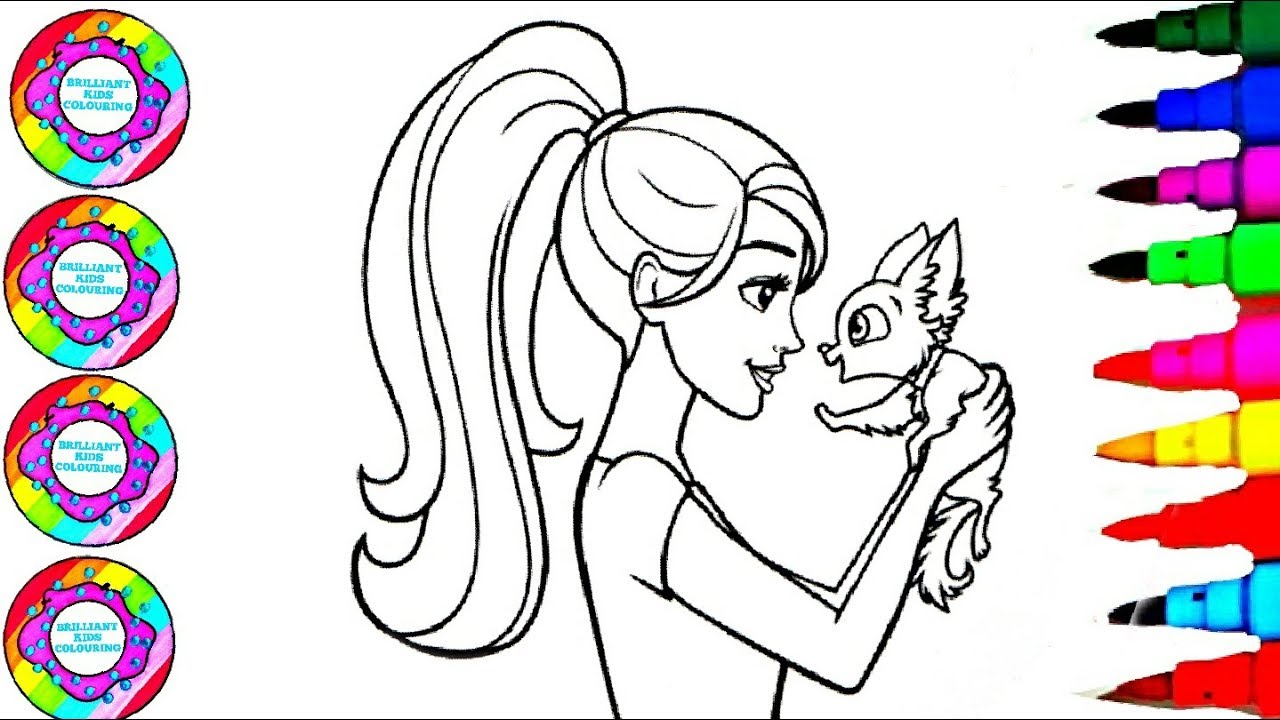 Download Drawing and Colouring Barbie and a Puppy on her Face with ...