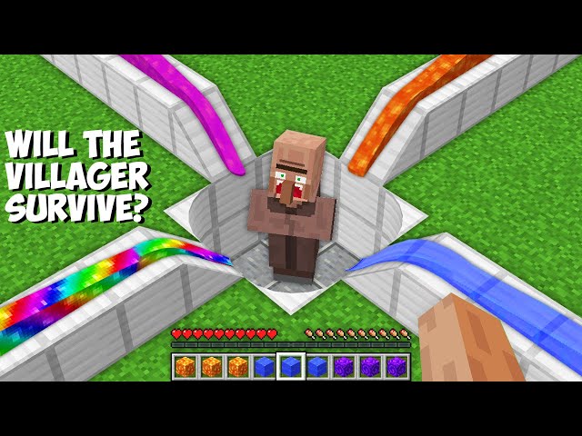 Can VILLAGER SURVIVE the CHALLENGE OF DANGEROUS LIQUIDS in Minecraft ? LAVA VS WATER VS RAINBOW ! class=