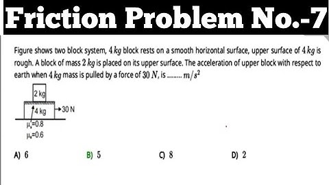 Figure shows two block system, 4 kg block rests on a smooth Horizontal surface, upper surface of....