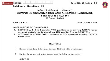MCA 1ST SEM COMPUTER ORGANIZATION AND ASSEMBLY LANGUAGE NOV 2019 | PTU