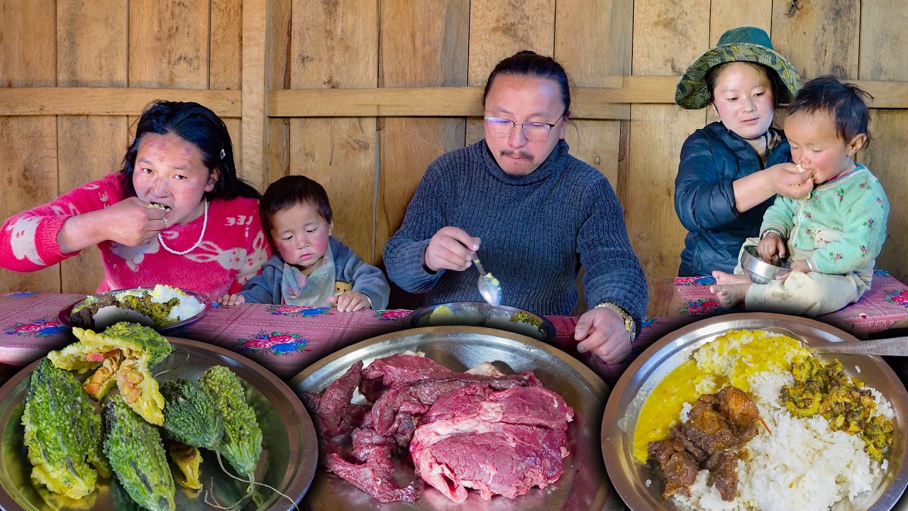 Buff & Bitter Gourd fry recipe cooking & eating in village kitchen| Titte karela | Village Food Vlog