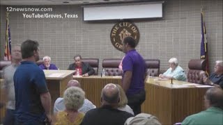 Video appears to show Groves mayor throwing camera toward city council meeting attendee